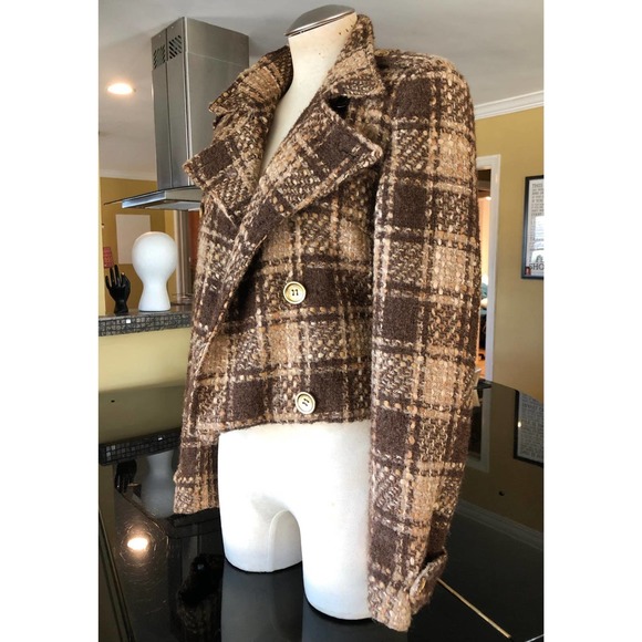 RARE Vtg Dolce & Gabbana Cropped Brown Plaid Double Breasted Chunky Tweed Jacket - Picture 7 of 12